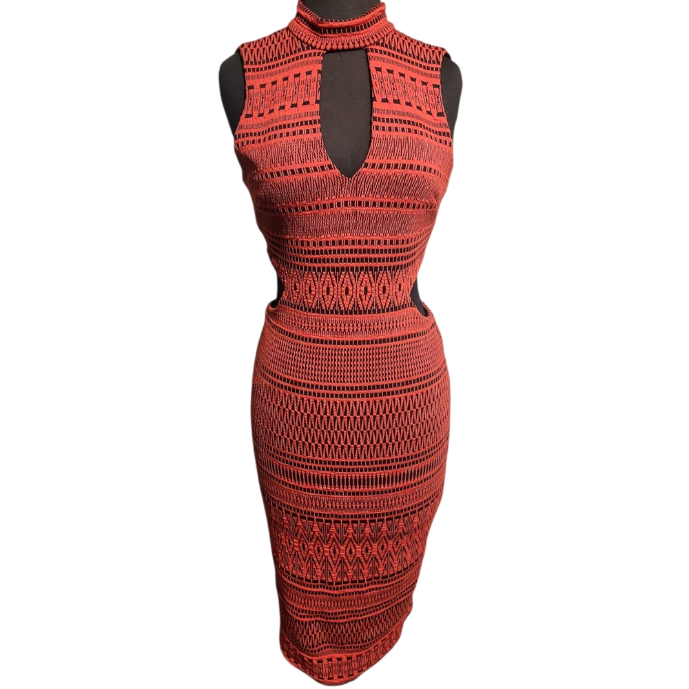 Bebe Elegant Red Patterned Dress Cut Out Sz S/P